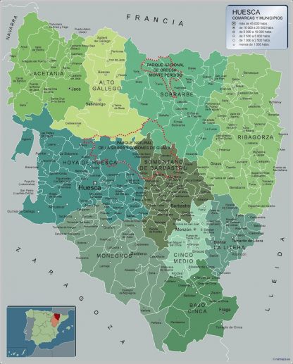 Mapa Huesca por municipios enmarcado plastificado